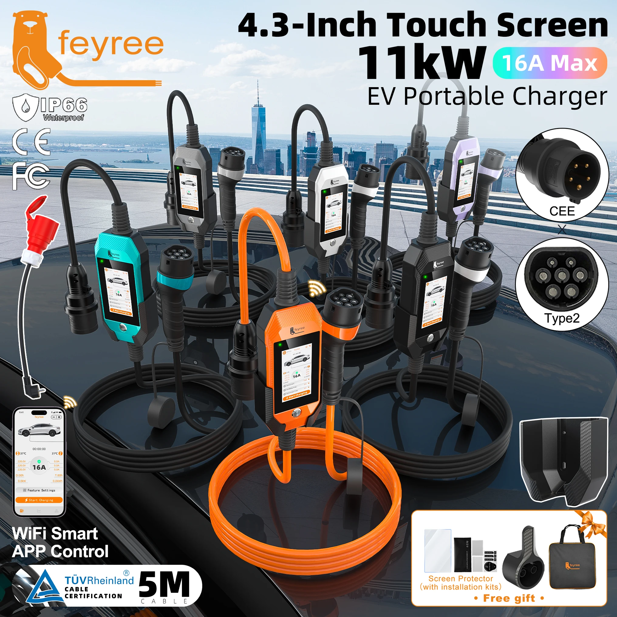 Cargador para Vehículos Eléctricos Feyree de 11kW 16A 3P Tipo 2 con Pantalla Táctil de 4.3 Pulgadas, Diseño Inteligente con Control por Aplicación WIFI, Cargador AC para Vehículos Eléctricos