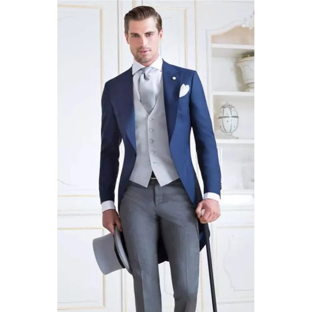 Luxury Men's Suits Single Breasted 3 Pieces Blue Jacket White Vest Gray Pants Male Clothing Business Banquet Blazers Sets