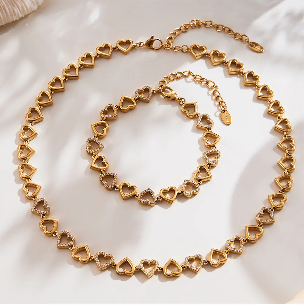 Herzförmige glänzende Zirkon-Kette, Halskette, goldenes Silber, Halsband für Damen, Edelstahl, vergoldetes Armband, Luxus-Schmuckset – Detail 11