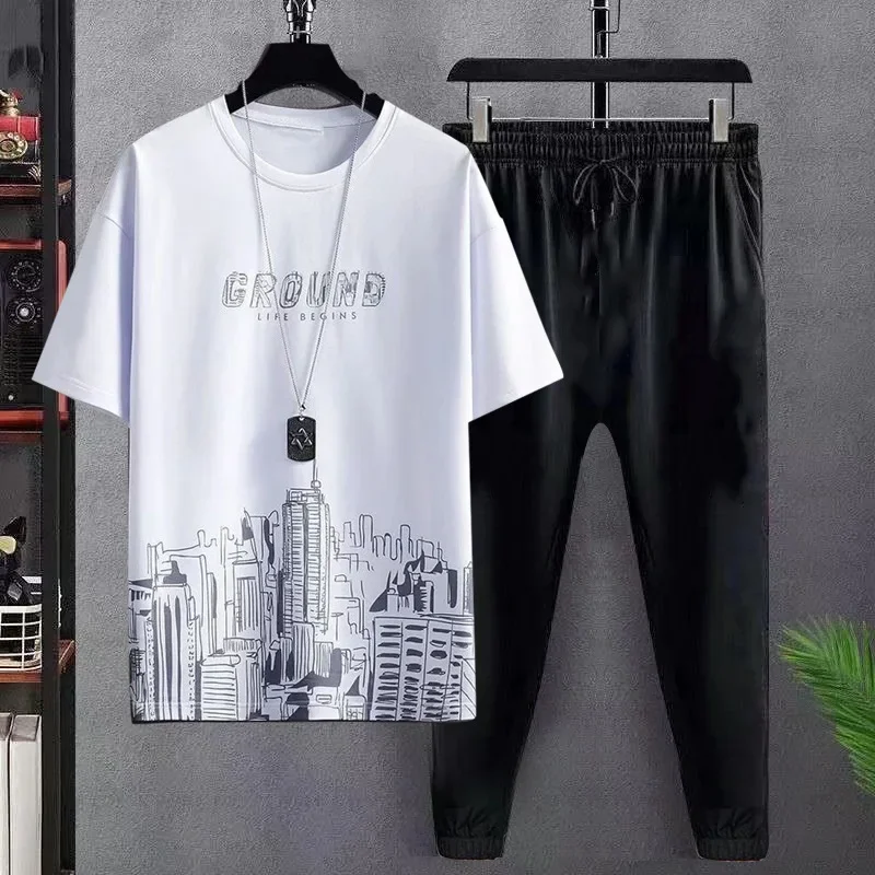 City white trousers suit/ankle-tied