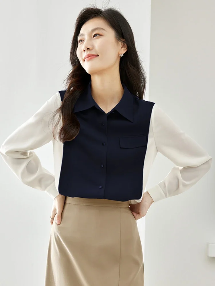 Vimly Contrast Shirts for Women 2023 Autumn Relaxed Fit Long Sleeve Tops Female Collared Button Down Shirts and Blouses M2636