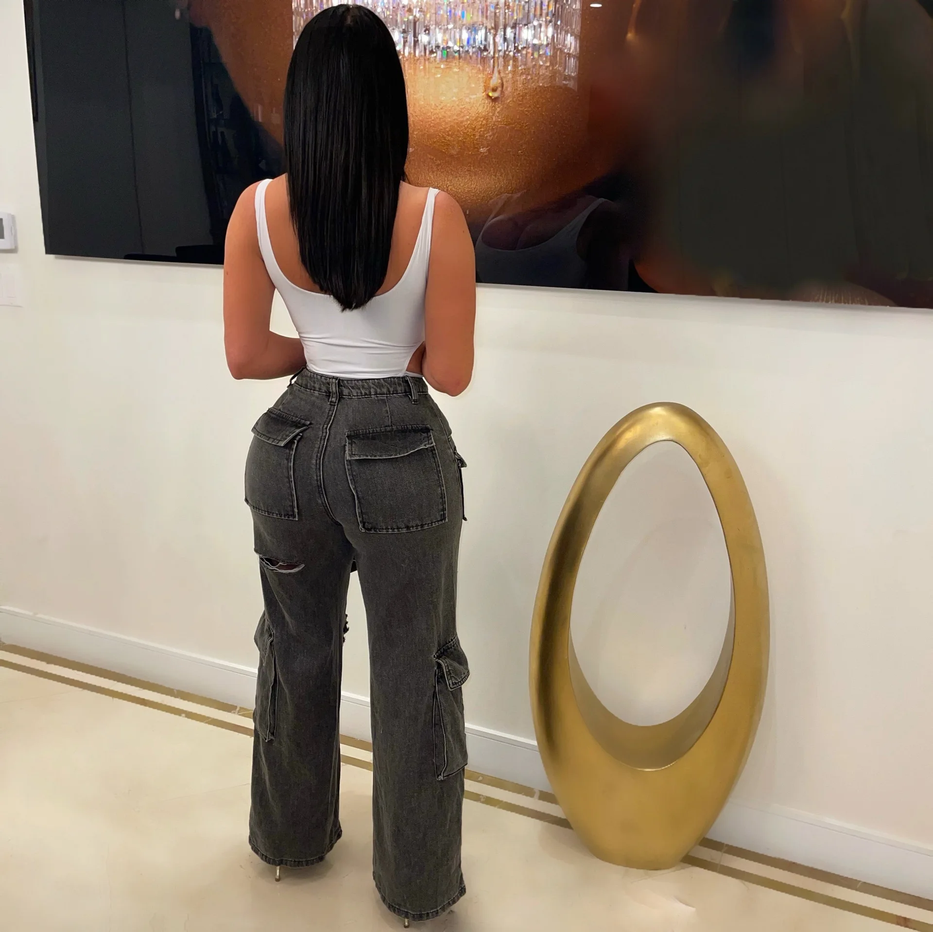 Ripped Denim Pocket Pants Baggy Jeans High Waist Cargo Y2K Streetwear Fashion 2023 Women Summer Trousers Denim Wide Leg Pants