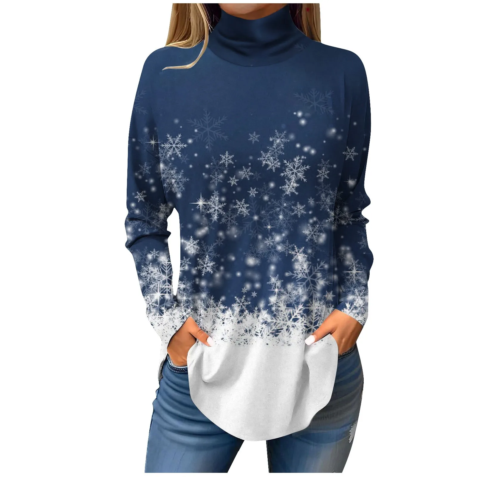 

Женская водолазка, рождественские топы с принтом снежинок, модные женские футболки, женские повседневные пуловеры с длинным рукавом