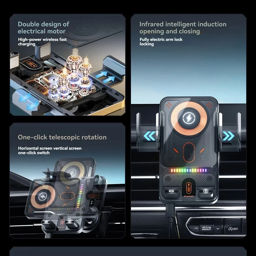 Car Holder Dual Motor Electric Rotating Opening Closing Mobile Phone Stand Mount 15W Wireless Fast Charging Car Phone Bracket