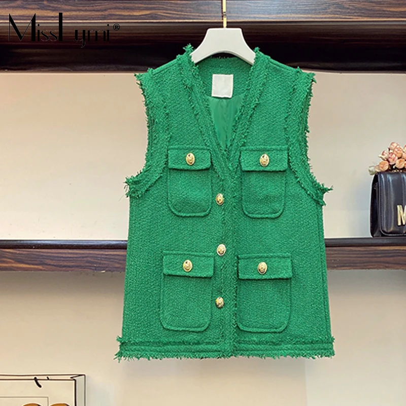 misslymi-l-4xl-donne-di-grandi-dimensioni-autunno-inverno-tweed-dolce-vento-socialite-design-sensazione-femminile-nappa-sbavature-gilet-cappotto-verde