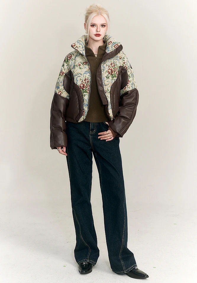 Winter Vintage Jacket Coat Women's Winter Waterproof Embroidered Jacquard Jacket Down Thick Warm Outerwear PU Leather Parka