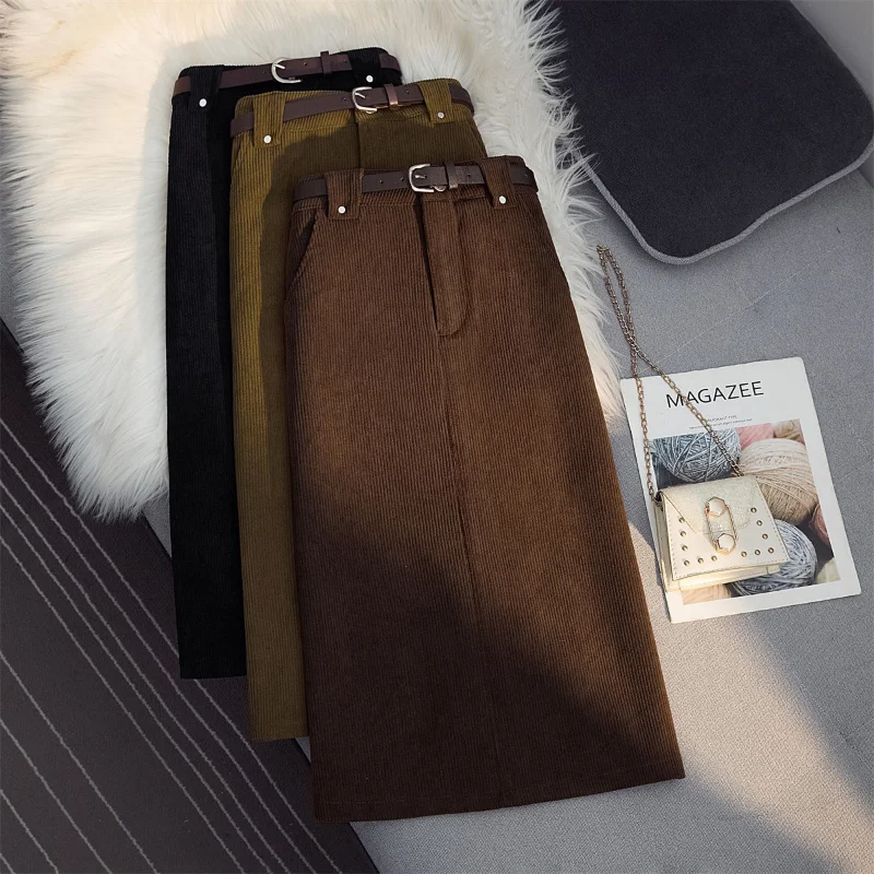 

Winter High Waist Straight Slim Brown Corduroy Skirt Women 2023 Autumn and Winter New Split Midi Skirt Women With Belt