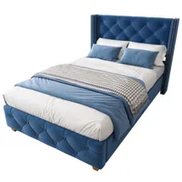 Кровать с мягкой обивкой 90*200см, решетчатым каркасом и изголовьем, обивка на пуговицах, обивка с шипами, деревянными ножками, бархат, синий — изображение 2