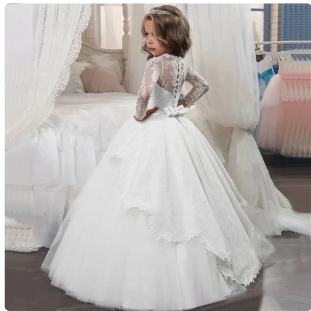 

White Tulle Puffy Flower Girl Dresses Appliques With Bow Long Sleeve For Wedding Birthday Party First Communion Gowns
