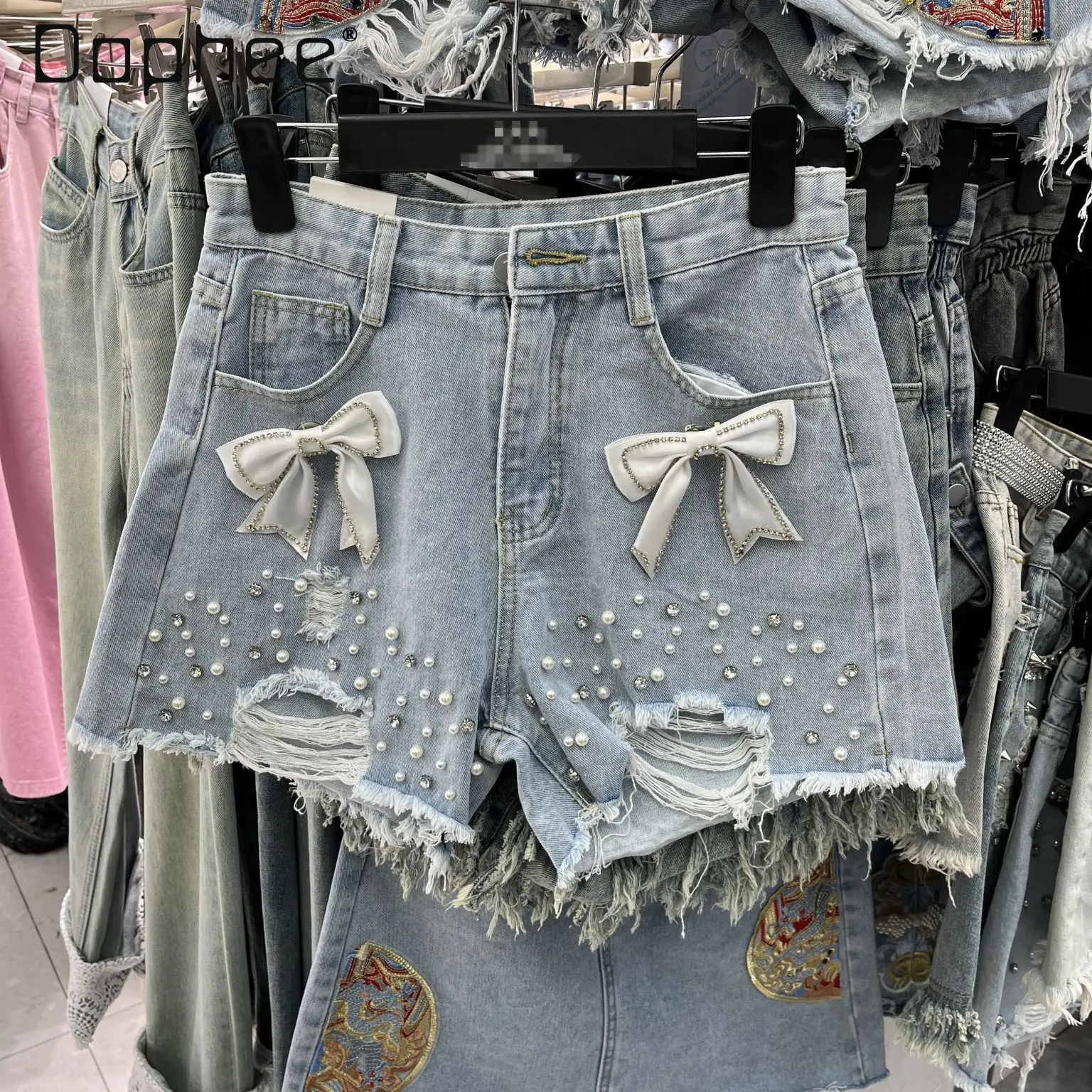 

Sweet Bow Pearls Ripped Denim Shorts 2024 Summer New Women's Fashion Loose Slimming High Waisted Beaded Short Jeans Hot Pants