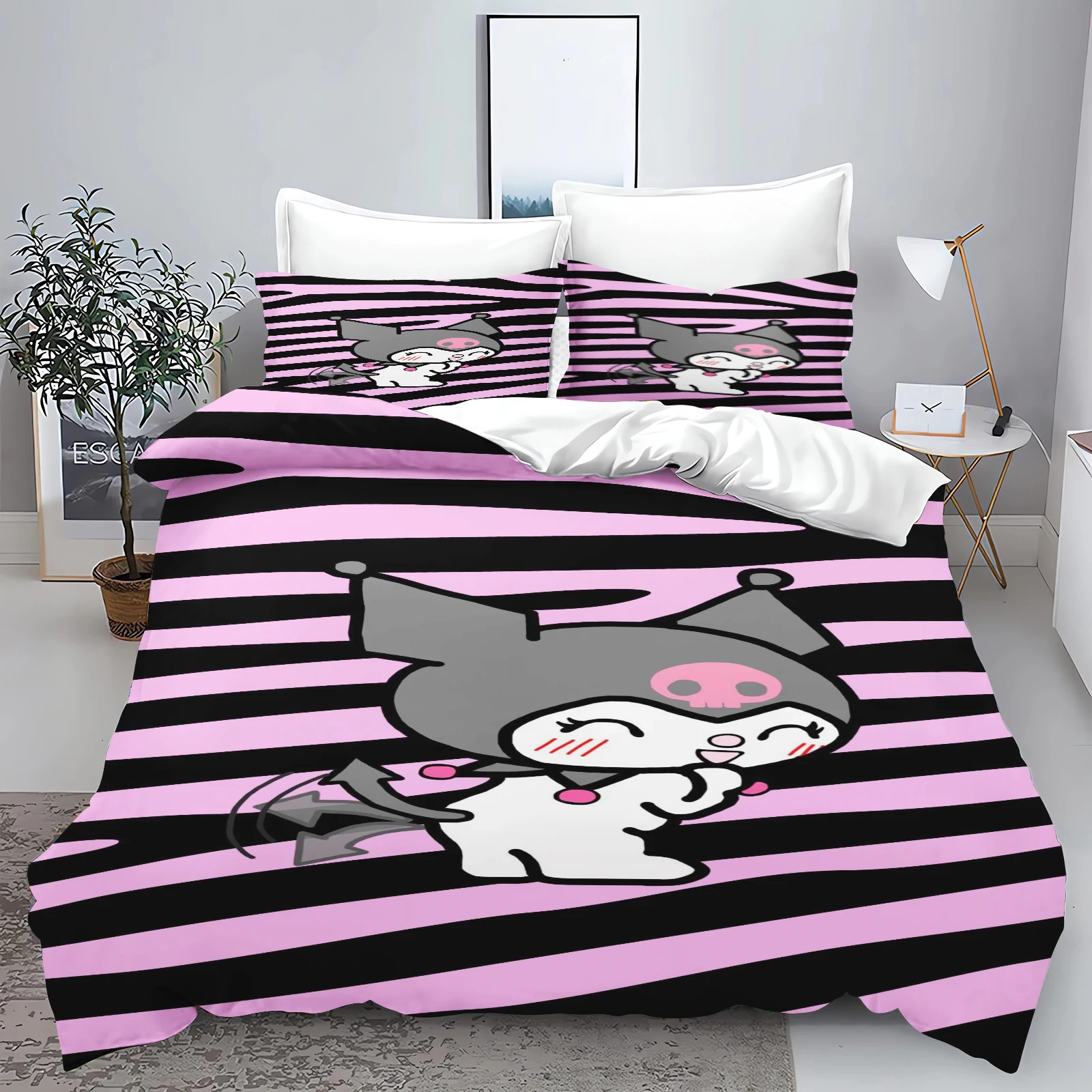 Description Picture 3 of itemKuromi Quilt Cover Cute Cartoon Printed Bedding Sets for Kids Sanrio Duvet Queen Size Home Modern Comforter Gifts for Kids 3 Pcs
