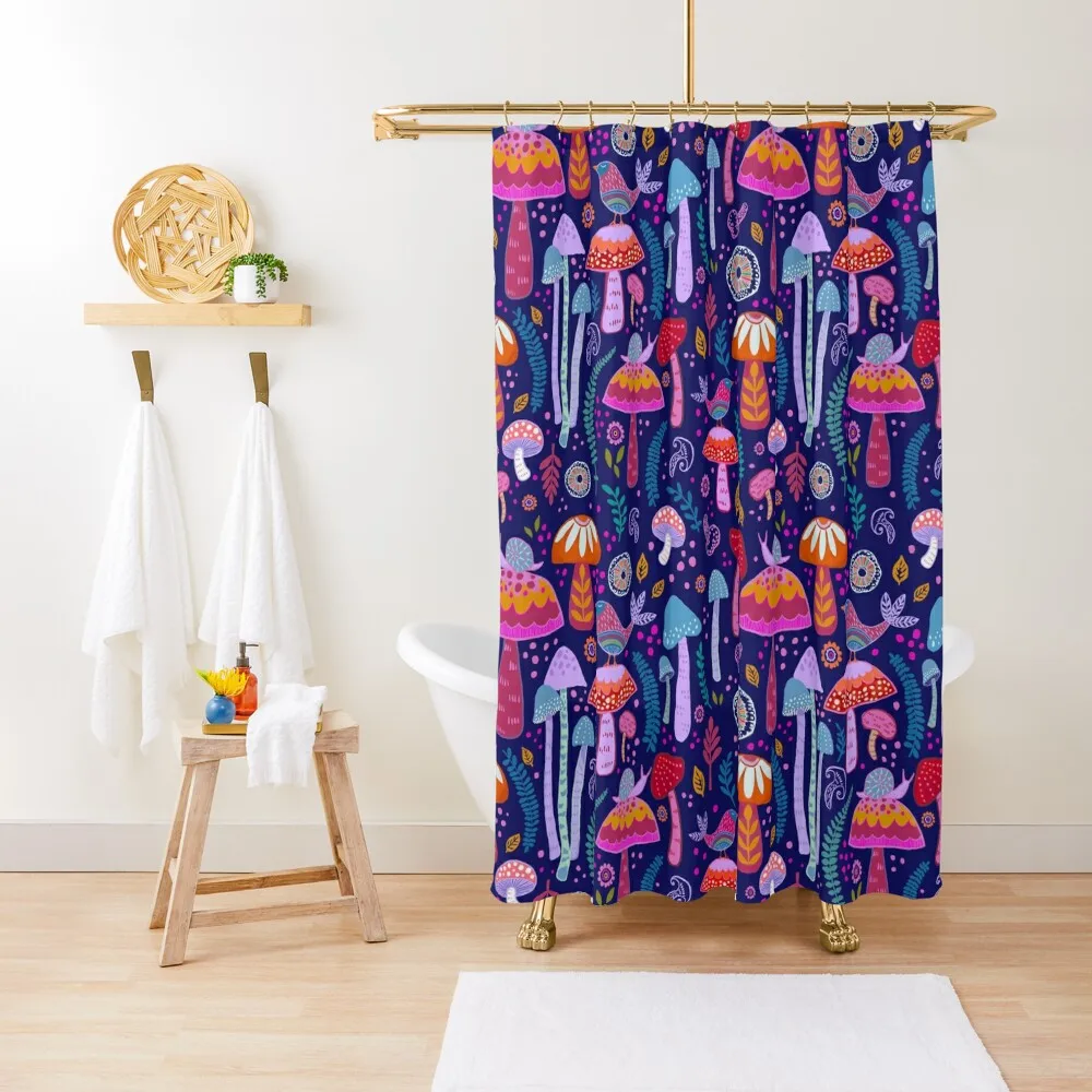 

Magical Mushrooms on navy Shower Curtain Bathroom Curtains Shower Curtain For Bathroom