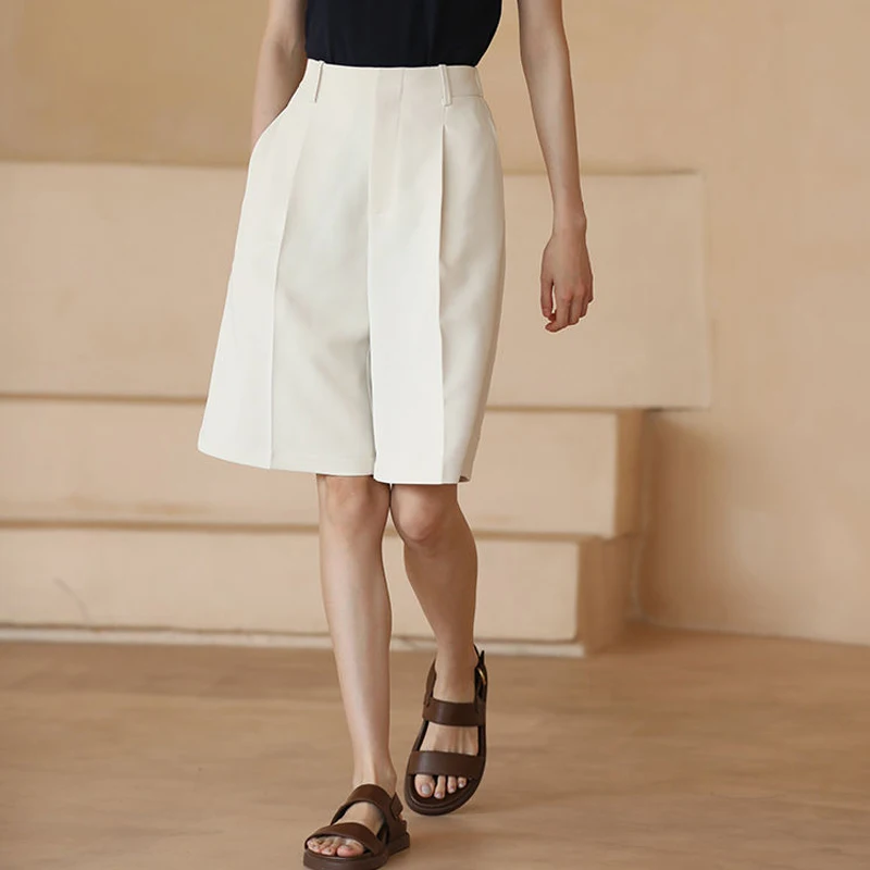 New Summer Women Elegant Fashion Straight Knee Length Short Pants Office Lady White Business Casual High Waist Loose Suit Shorts