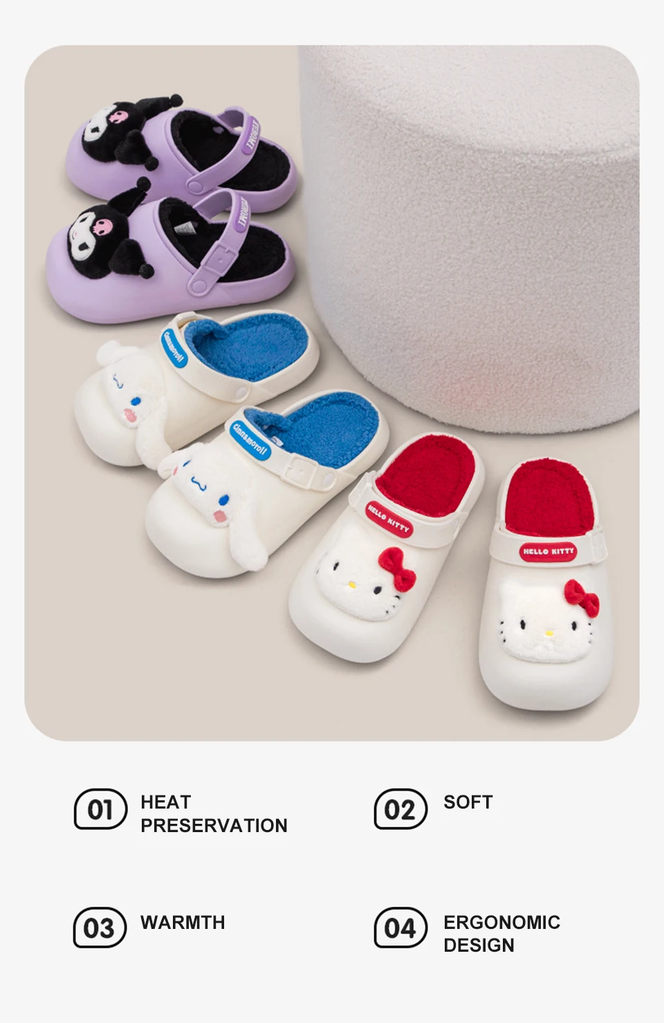Sanrio Kawaii Cinnamoroll Women’s Slippers with Hello Kitty and Kuromi Designs
