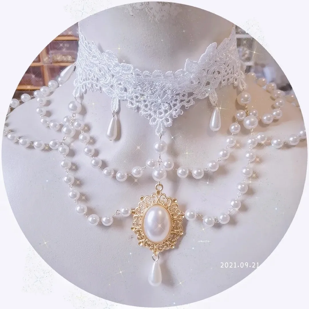 Tudor Stile Vittoriano Lolita Pizzo Perla Girocollo Per Le Donne Vintage Tea Party Dress Accessorio Collo Gioielli Collana Di Perle Rococò