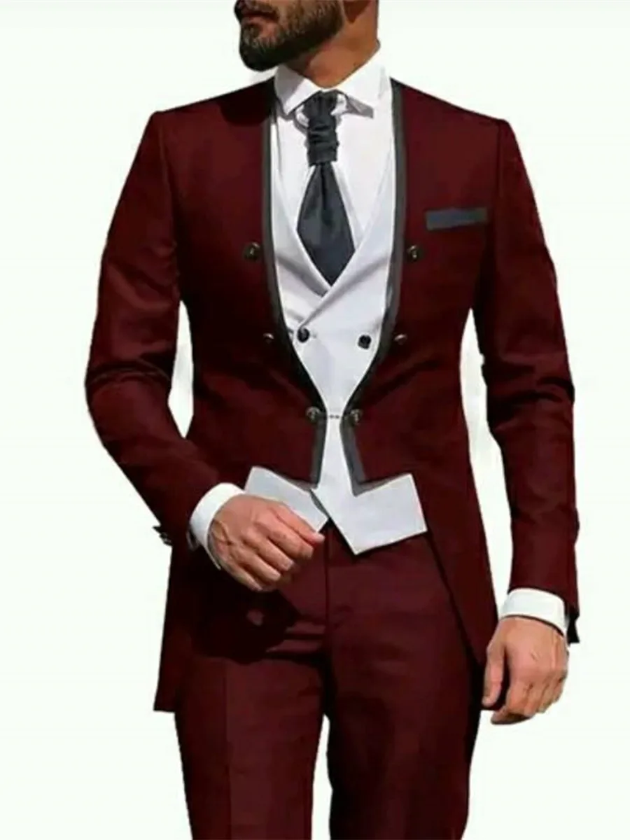 

Customized Men's Suit Burgundy Groom Tuxedos Jacket Blazers Halloween Costume Elegant For Luxury Man Suit's For Wedding 53