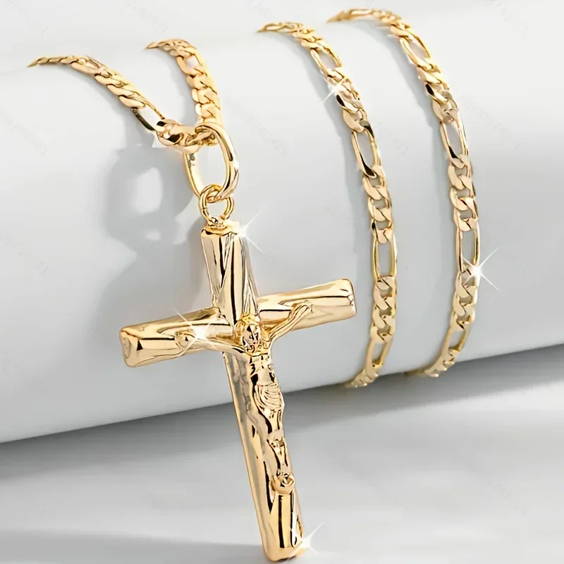14K Gold Plated Cross Pendant Necklace Hip-Hop Minimalist Sacred Jewelry Holiday Prayer Blessing Fashion Accessory for Men Women 4