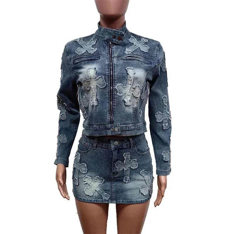 Women Stand-up Collar Zipper Jackets Patchwork Crosses Denim Suits Ultra Short Wrap Hip Skirt Female Casual Trend Two Piece Sets
