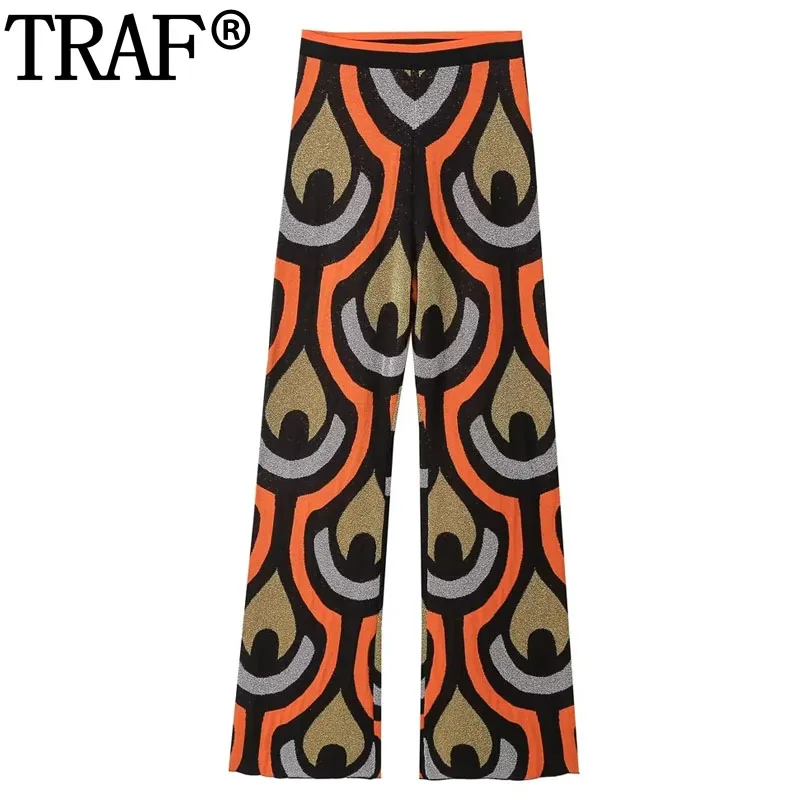 

TRAF Jacquard Women Pants High Waist Knitted Pants For Women Autumn Winter Wide Pants Woman Vintage Metallic Thread Trousers