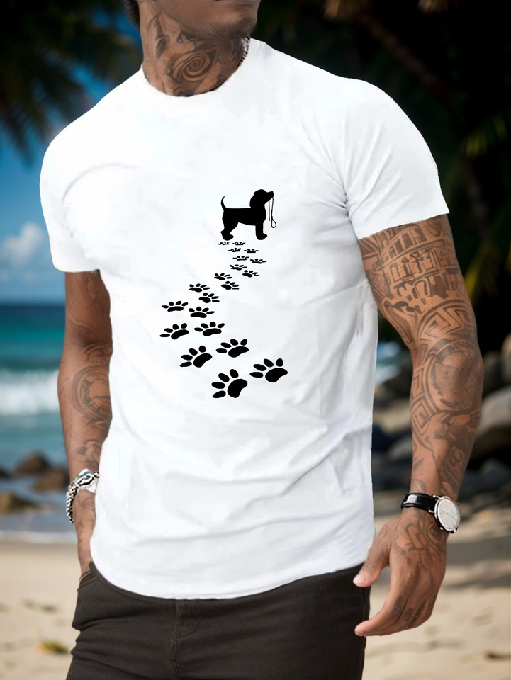 Men's summer 100 cotton fashionable casual sports loose fit dog paw print print round neck short sleeved T-shirt top