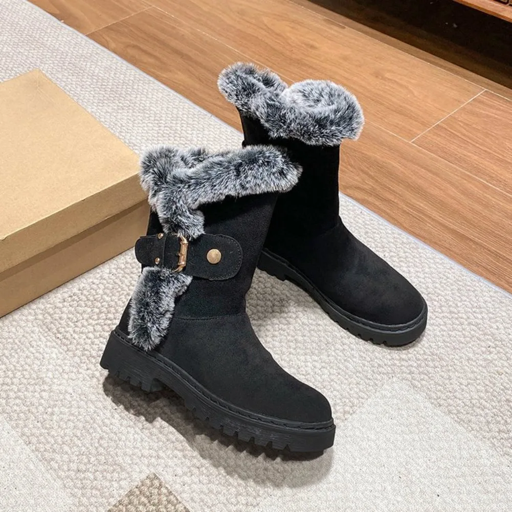 Luxury Women Mid-Calf Boots Outdoor Ankle Boots Round Toe Wedges Slip on Shoes Female Fashion Comfortable Warm Snow Boots Women