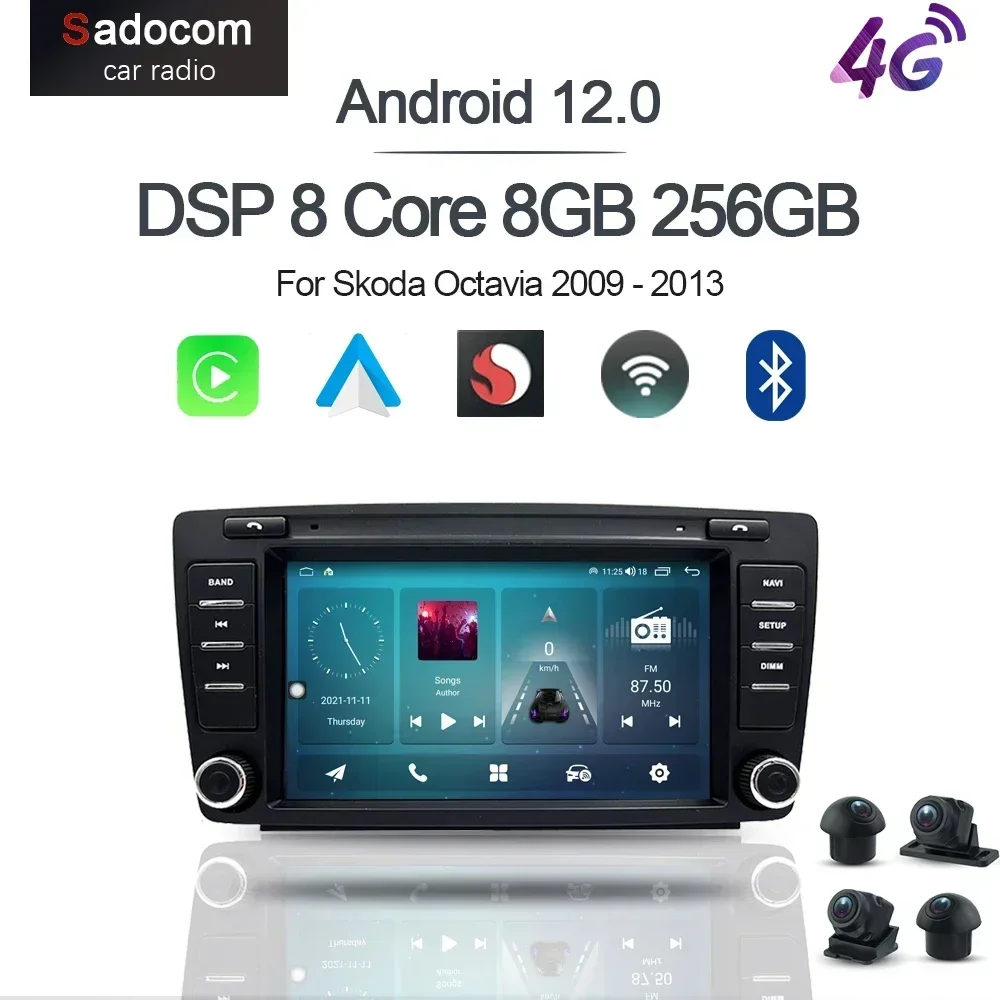 720P Carplay DSP IPS LTE Android 12.0 8G+128G 8Core Car DVD Player GPS Map WIFI Radio multimedia For Skoda Octavia 2009 - 2013