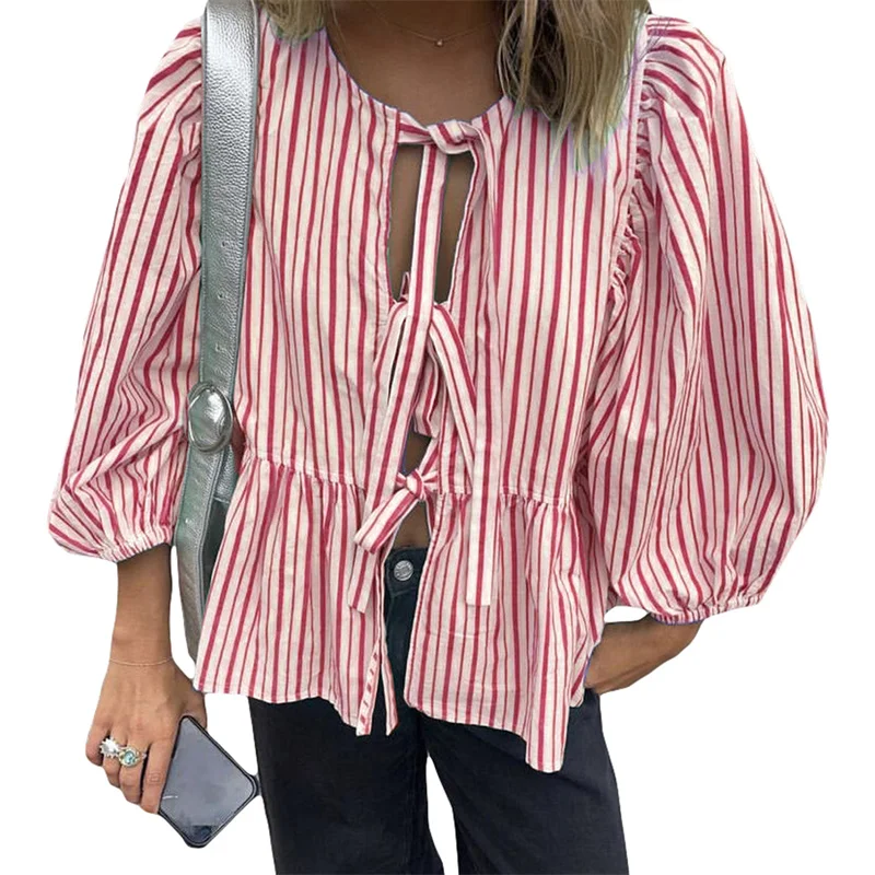 Camisas Y2K para mujer, ropa estética, elegante, color sólido/rayas, manga 3/4, cárdigan con lazo, blusa de los años 2000, ropa de calle