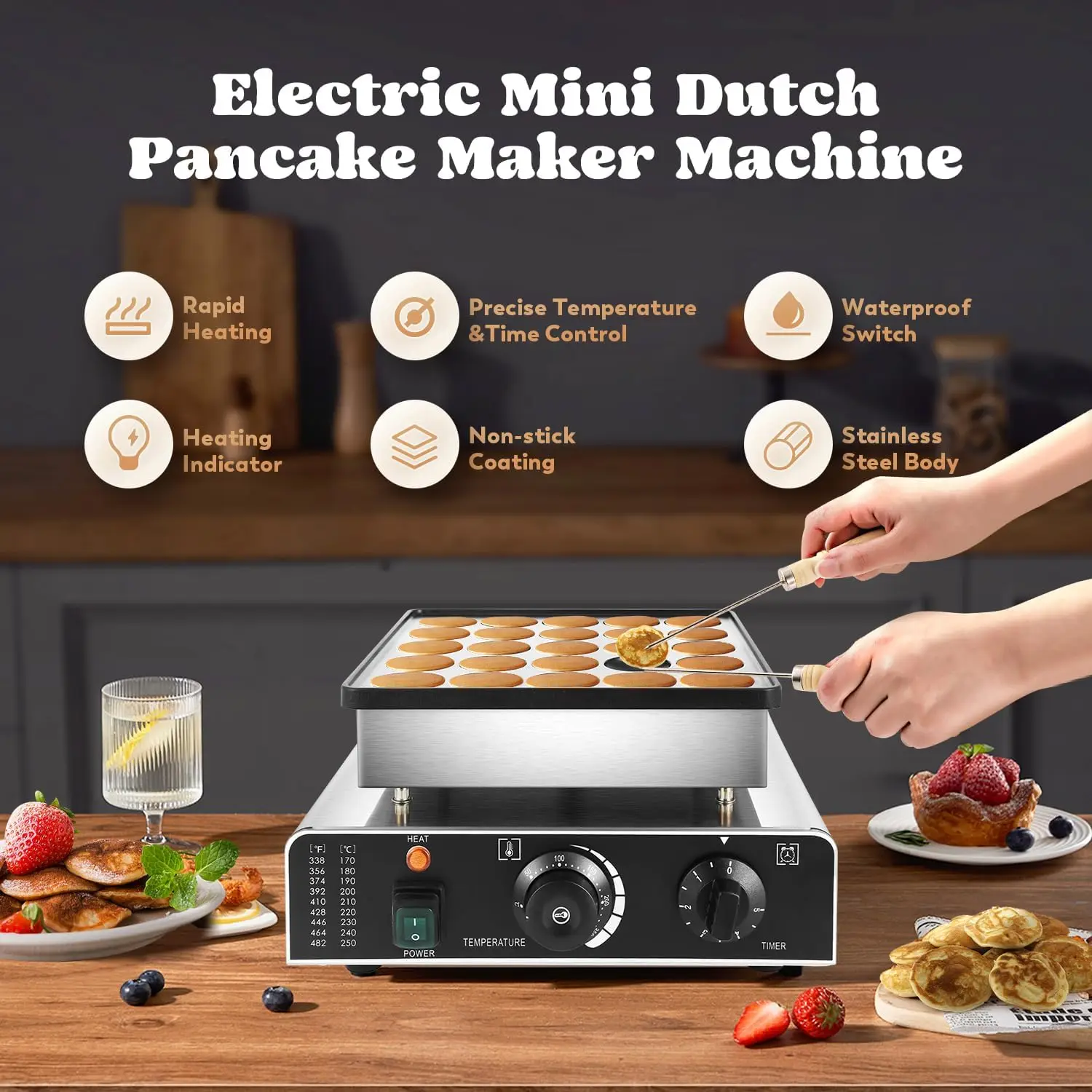 Mini Dutch Pancake Maker 25PCS, Commercial Non-stick Pancake Baker Machine 50-300℃ Electric Muffin Maker Stainless Steel for Hom 3
