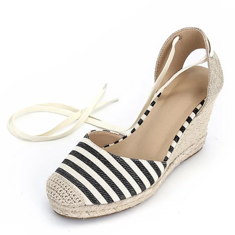 

Summer Rubber Muffin Lace-Up Casual Shoes 34-43 Cross Straps Hemp Rope Wedge Heel Round Toe High Heel Fashion Sandals