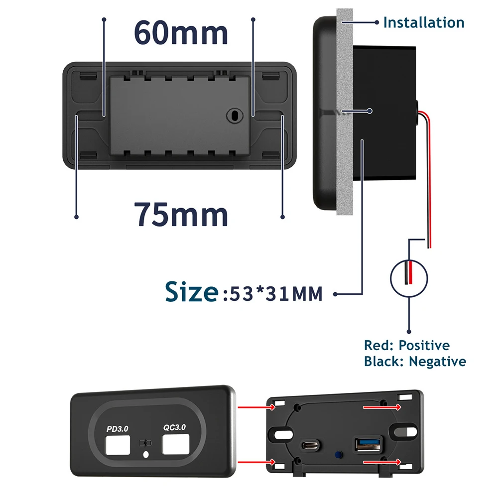 

Автомобильное зарядное устройство с двумя USB-портами, универсальная панель для быстрой зарядки QC3.0 + PD3.0, автомобильные зарядные устройства, аксессуары