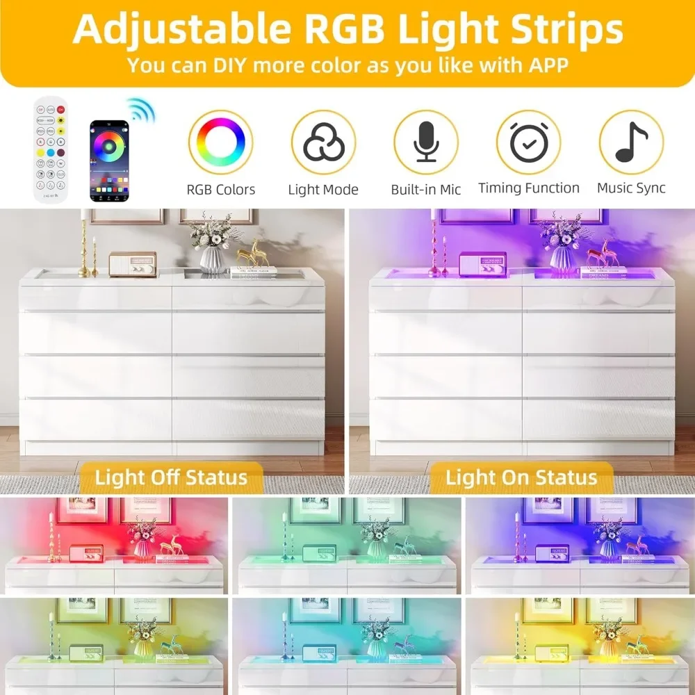 8 Drawer Dresser w LED,White Dresser, 8 Chest of Drawers w Deep Drawers Glass Top High Gloss Surface,Storage Organizer Cabinet 6