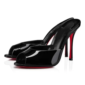 2026 New Black Fish Mouth Ultra High Women's Shoes, Sexy High Heels, Wearing Straight Pointed Lacquer Leather Open toed Slippers 1