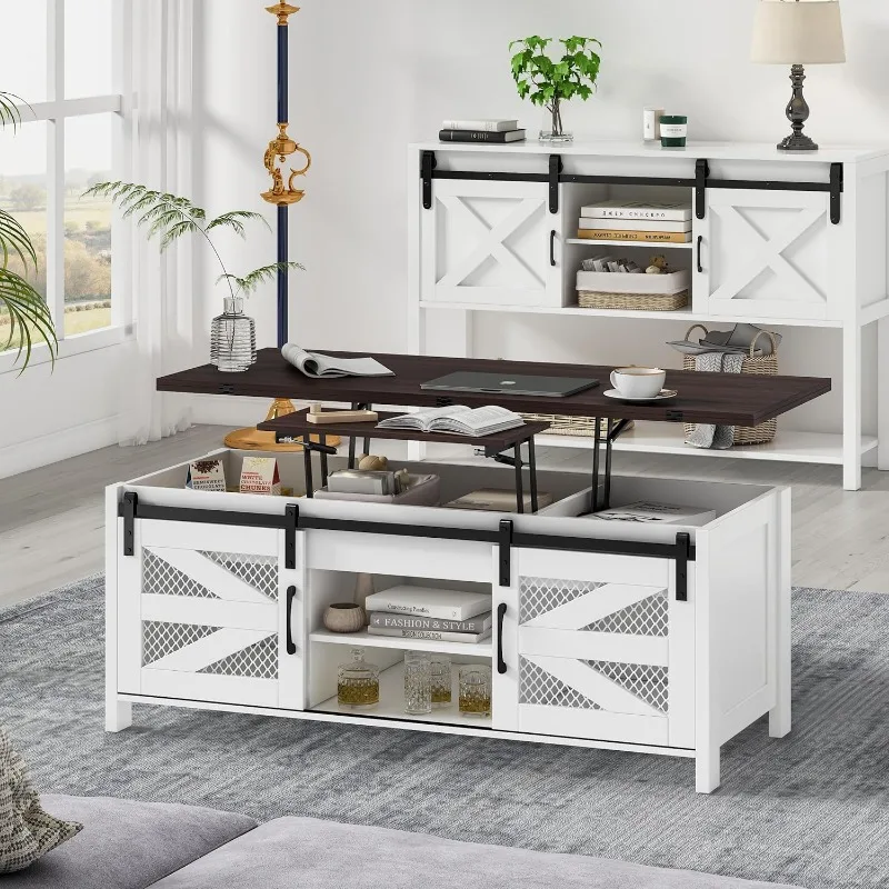 47.2" Lift Top Coffee Table 4 in 1 Farmhouse Coffee Table with Storage Coffee Tables for Living Room, Dining Room (White) 4