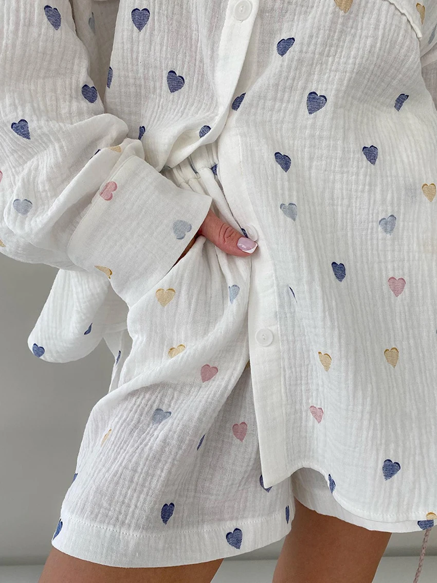 Marthaqiqi Fashion Women Nightwear Suit Long Sleeve Nightgown Turn-Down Collar Sleepwear Shorts Causal Printing Femme Pajama Set