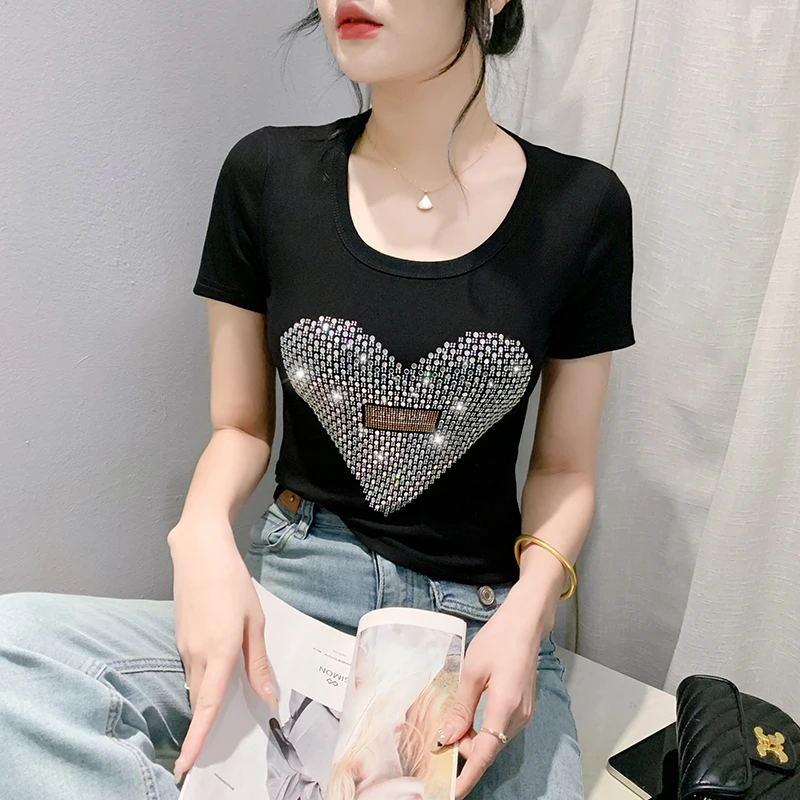 

Черная летняя Корейская стильная короткая футболка, сексуальные блестящие Женские топы с любящим сердцем и бриллиантами, облегающие футболки с коротким рукавом, новинка 2024, 44611