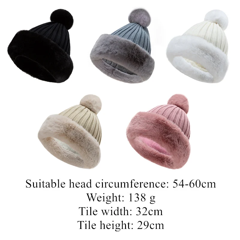Winter Princess Cap with Ball for Women Ski Hat Outdoor Warm Ear Protection Knitted Beanies Soft Faux Fur Female Pom Pom Caps 6