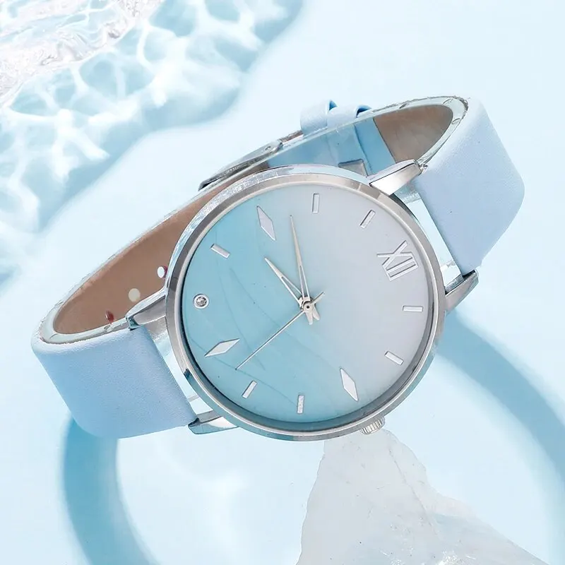6Pcs Set Fashion Women Simple Wrist Watches Blue Rhinestone Quartz Watch Leather Strap Ladies Dress Bracelet Watch Set Gifts