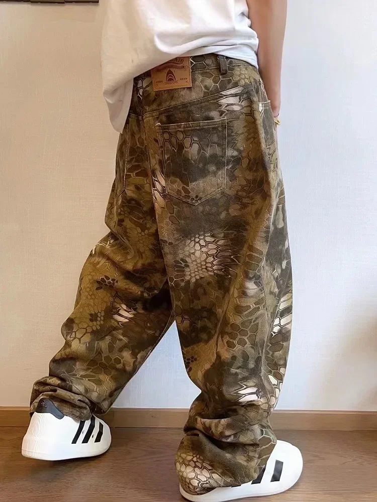 Snake Print Camouflage Pants for Men Wide Leg Jeans Demin Trousers Male Streetwear Hip Hop Vintage Clothes Casual 2