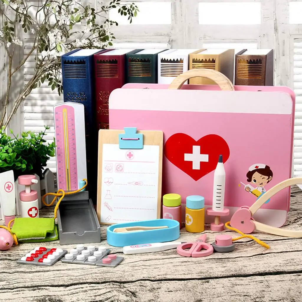 Wooden Doctor Nurse Tool Carry Case Role Playing Set Kids Creative Toy Developmental Play Center