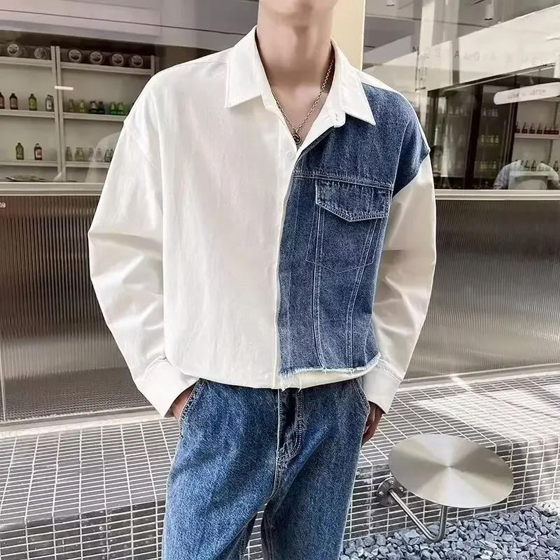Spring Autumn New Men's Long Sleeve Casual Loose-fit Niche Design Sensibility Color Blocking Denim Shirt Trendy