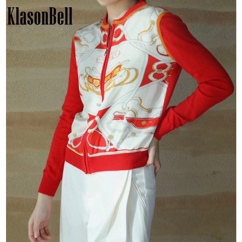 

9.26 KlasonBell Vintage Temperament Silk Pattern Print Spliced Wool Knitted Zipper Cardigan Women