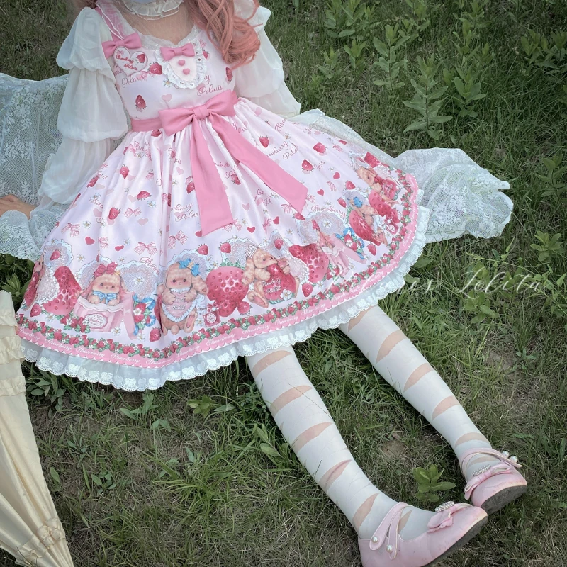 Victorian Sweet Lolita Jsk Dress Strawberry Cartoon Cute Rabbit Print Suspenders Dress Japanese Summer Girl Kawaii Party Dresses lolita dress,lolita suspender dress,lolita cosplay costumes,suspender dress