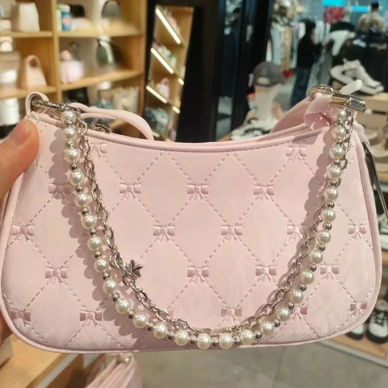 Xiuya Pink Womens Shoulder Bag Elegant Cute Bow Pearl Chains Bow Embroidery Handbag Casual Leather Korean Fashion Female Handbag