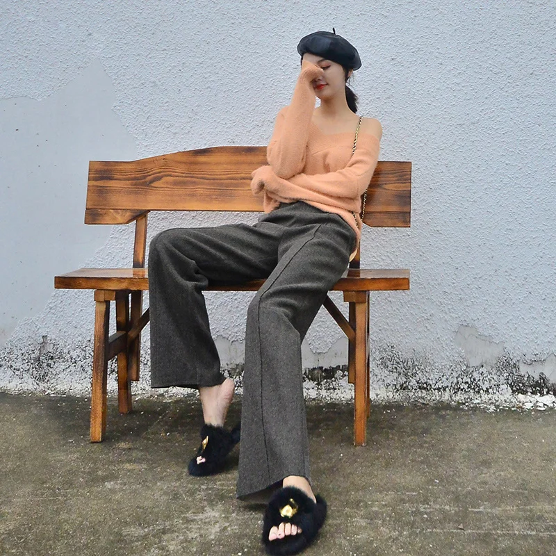 Women'S Woolen Wide Leg Pants 2023 Korean Fashion High Waist Suit Baggy Trousers Ladies Office Plus Size 2xl Winter Pantalones