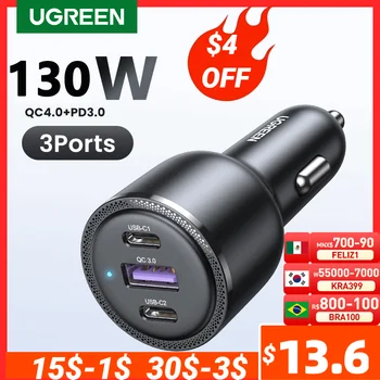 UGREEN 130W USB C 차량용 충전기, 샤오미 아이폰 15, 삼성 갤럭시 S24 노트북 태블릿 PD3.0 고속 충전