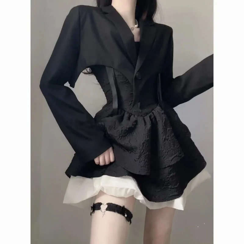 

Spring and Summer New Pure Desire Short Suit Bow Suspenders Tight Pettiskirt Two-Piece Dress