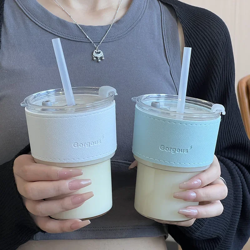 Description Picture 3 of item400ml with Lid Water Bottle Double Drinking Mouth with Straw New Creative Transparent Coffee Glass with Straw Coffee Mug Beer