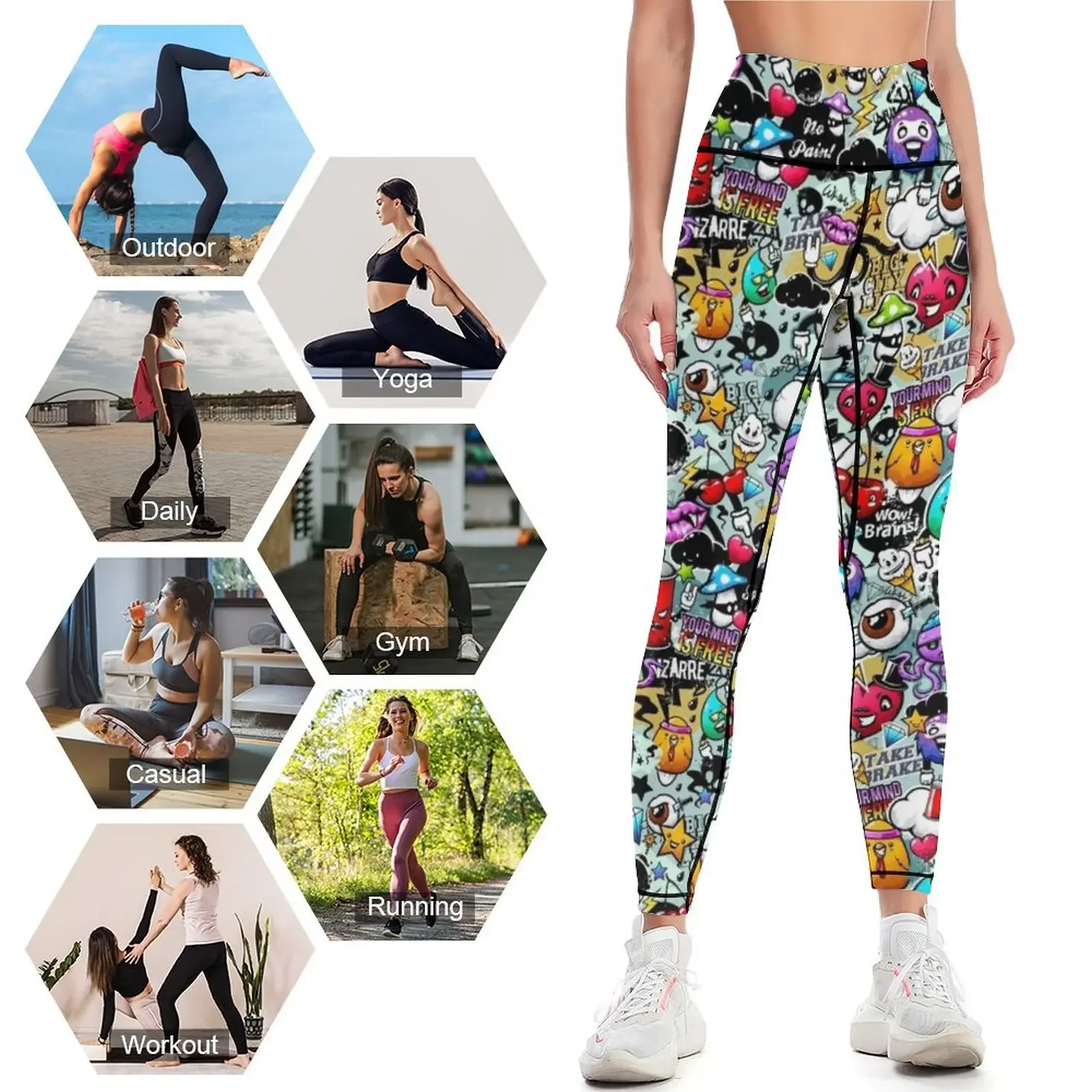 Pop Art Graffiti Funny Comics Faces Leggings sport pants Tight fitting woman Sports pants woman Womens Leggings