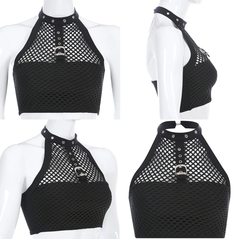 

Women Sexy Choker Buckle Halter Neck Crop Top Dance Cami Bandeau Gothic Harajuku Sheer Mesh Vest Streetwear Dropship