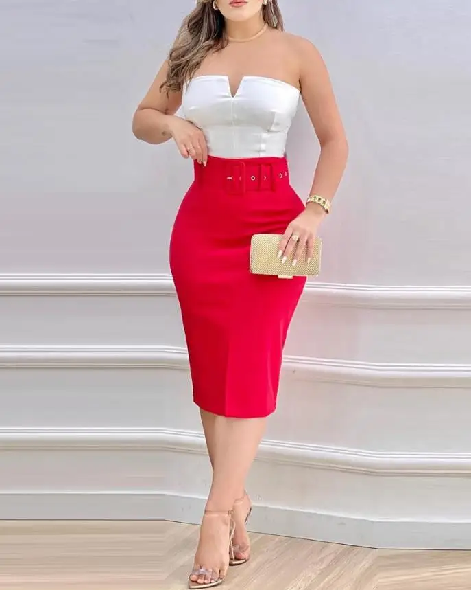 

2024 Women's New Summer Dress Combination Color Tight Wrapped Hip Bra Small V-neck Elegant and Elegant Dress